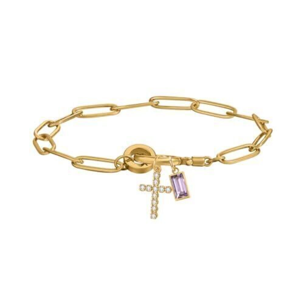 4706 Paperclip Birthstone Cross Charm Bracelet – 18K Gold Plated Link Chain